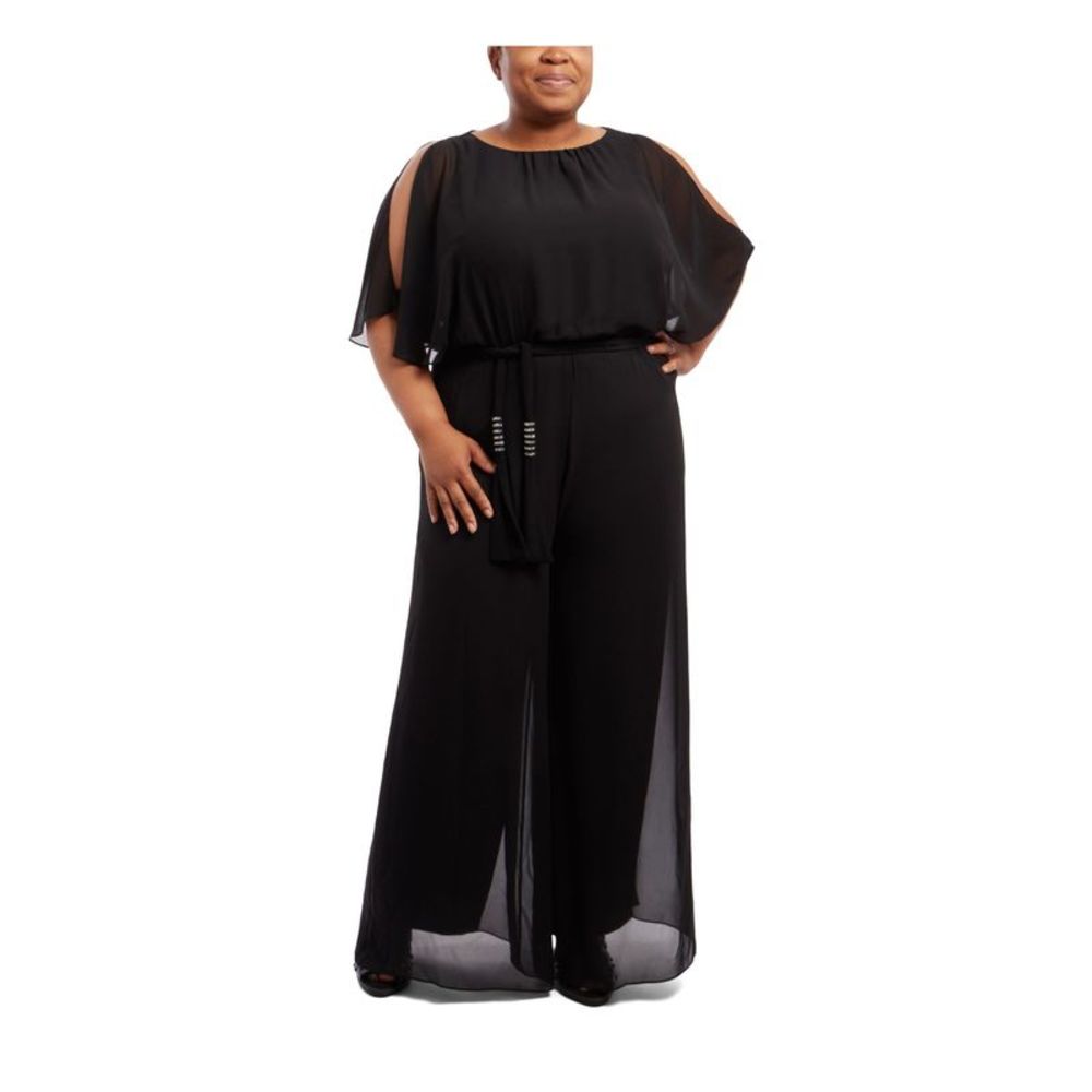 MSK WOMEN Womens Black Tie Flutter Sleeve Scoop Neck Wide Leg Jumpsuit Plus 1X